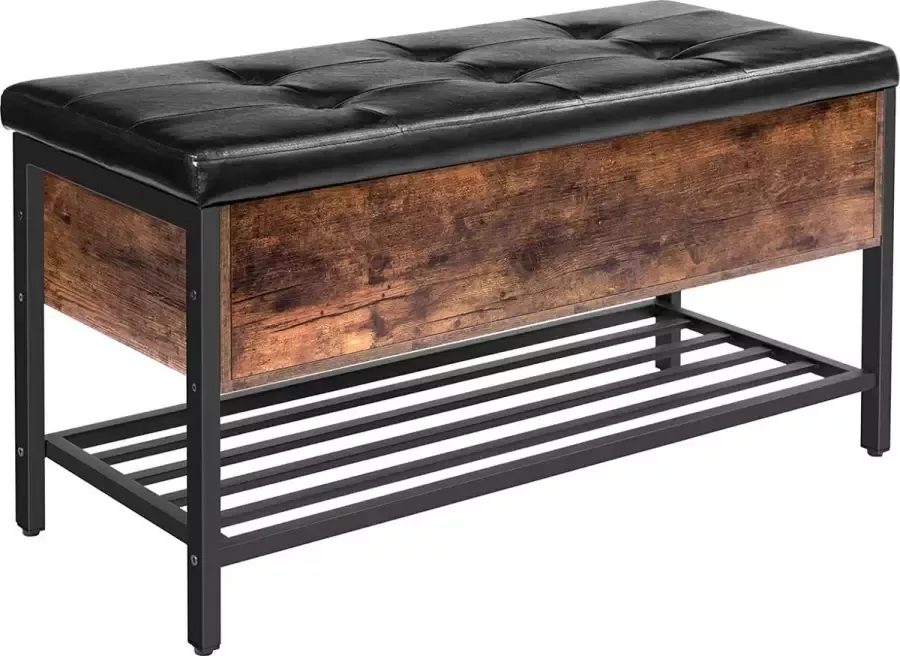 Furnibella Vintage Zitbank schoenenbank met zitting 98 x 40 x 51 cm gevoerde kisten met schoenenrek hal slaapkamer woonkamer metaal eenvoudige montage vintage