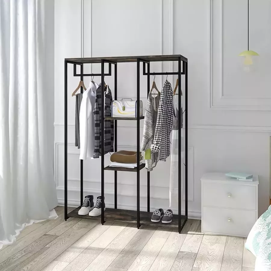 Furnibella -Vrijstaand met rek wasrek kledingrek open kledingstang met schoenenrek voor slaapkamer hout en staal zwart + roestkleur