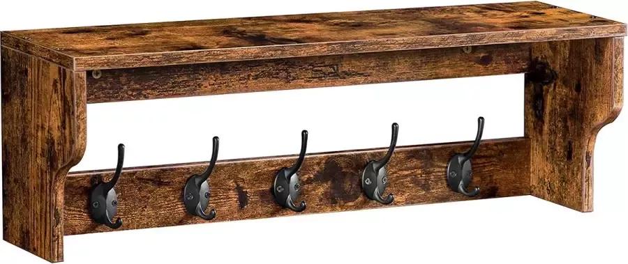 Furnibella Wandkapstok met plank wandgemonteerde kledingroede kapstokken met 5 haken wandrek hangende plank stal voor hal slaapkamer badkamer woonkamer vintage bruin-zwart EBF01YM01