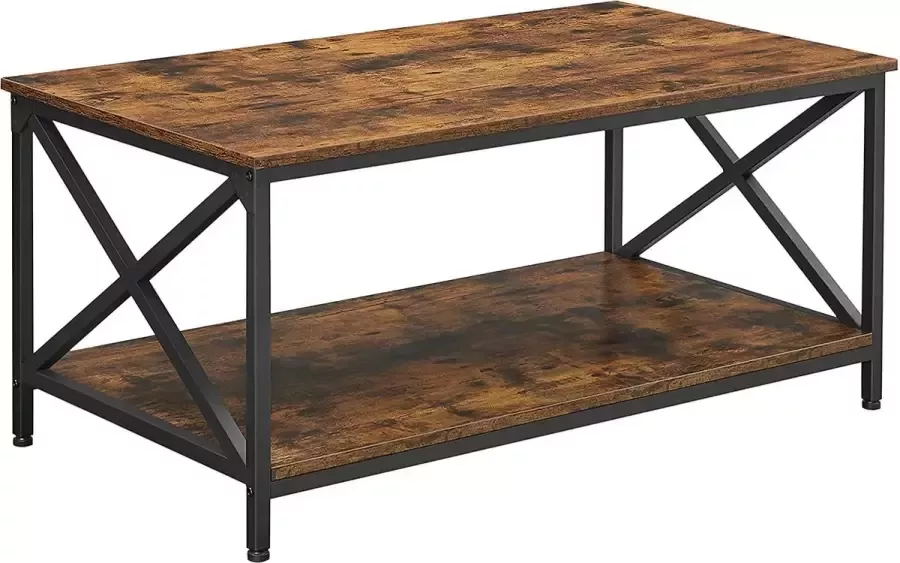 Furnibella Woonkamertafel salontafel X-vormige steunen met stalen frame en legplanken 100 x 55 x 45 cm industrieel ontwerp landelijke stijl vintage bruin-zwart LCT200B01