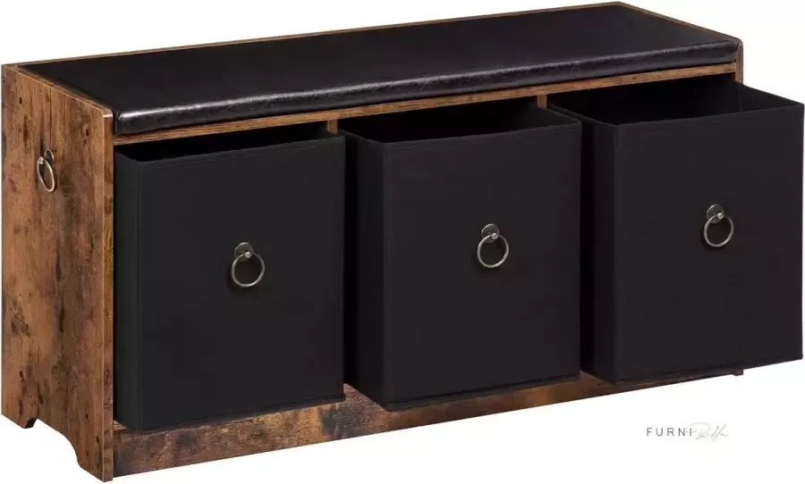 Furnibella Zitbank met opbergruimte schoenenbank met zitvlak 90 × 30 × 45 cm zitcommode met 3 zwarte manden opbergkast schoenenkist donkerbruin-zwart