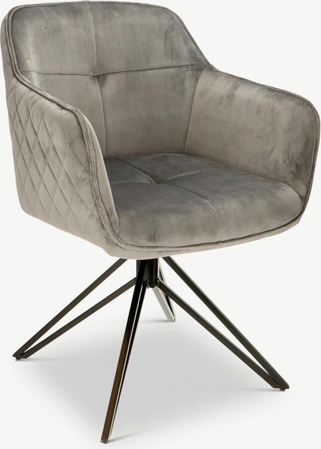 Furnicher Venice Eetkamerstoel Fluwelen bekleding Modern design Stalen frame Grijs fluweel Zwarte poten Draaibare eetkamerstoel