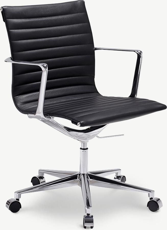 Furnicher Walton bureaustoel Leren zitting Chroom frame In hoogte verstelbaar Draaibaar Zwart