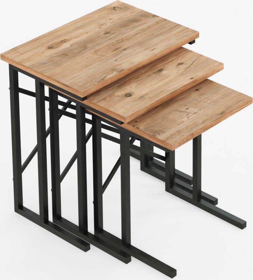 FurniChic bijzettafel 3-delige set industriële moderne salontafel met houten en metalen poten sidetables in woonkamer- slaapkamer of balkon- barok walnoot-35x53x54