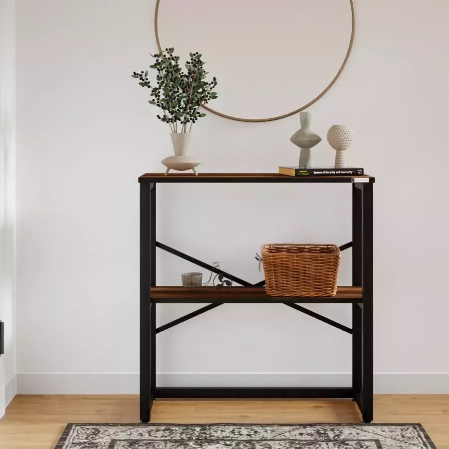 FurniChic dressoir kasten woonkamer consoletafel bijzettafel banktafel decoratieve tafel haltafel zwart stalen frame spanplatte tafelblad modern design sidetable 2 planken PINE(Atlantische Grenen) 85x30x80cm (BxDxH)