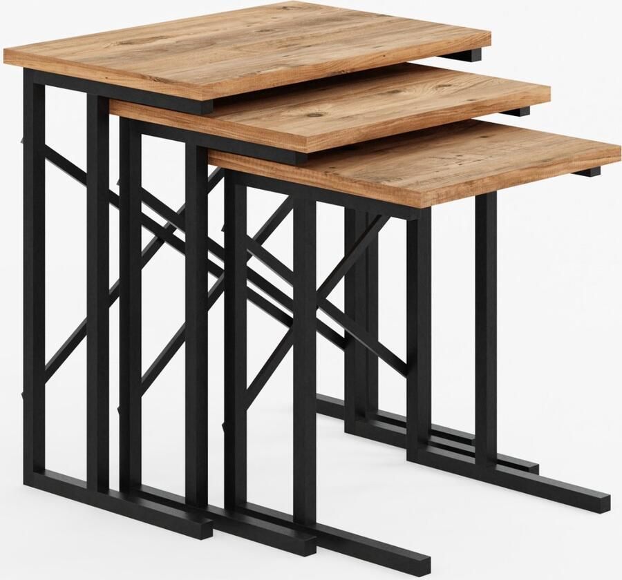 FurniChic bijzettafel 3-delige set industriële moderne salontafel met houten en metalen poten sidetables in woonkamer slaapkamer of balkon- PINE(Atlantische Grenen) 35x53x54