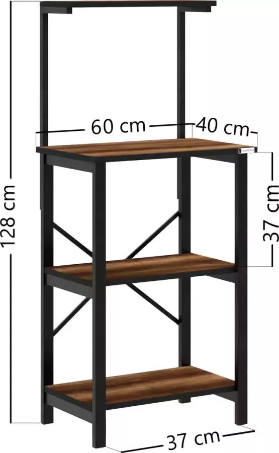 FurniChic keukenplank keukentrolley keukenkast bakkerij plank magnetronplank kruidenrek voor potten en pannen industrieel ontwerp barok walnoot- 60 x 40 x 128 cm (l x b x h) - Foto 1