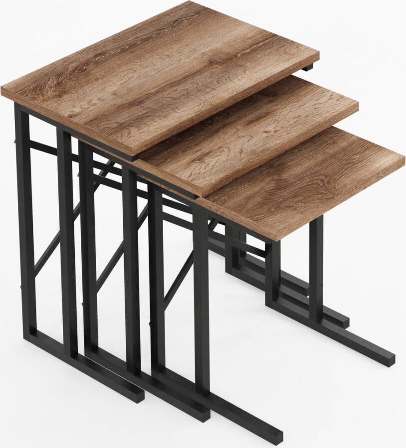 FurniChic bijzettafel 3-delige set industriële moderne salontafel met houten en metalen poten sidetables in woonkamer slaapkamer of balkon- OAK(Sacramento EIK) 35x53x54