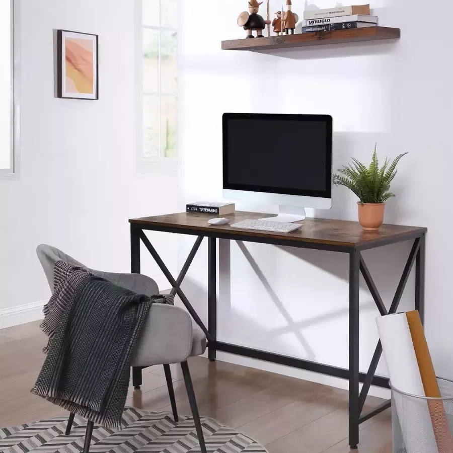 Furnihaus Bureau grote computertafel stabiel metalen frame multifunctioneel voor thuiskantoor woonkamer werkkamer robuust opberging vintage bruin-zwart
