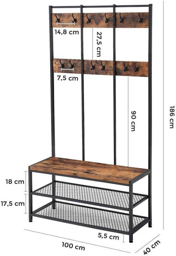 Furnihaus Industriële Kapstok Schoenenrek Zwart Metaal Vintage Bruin