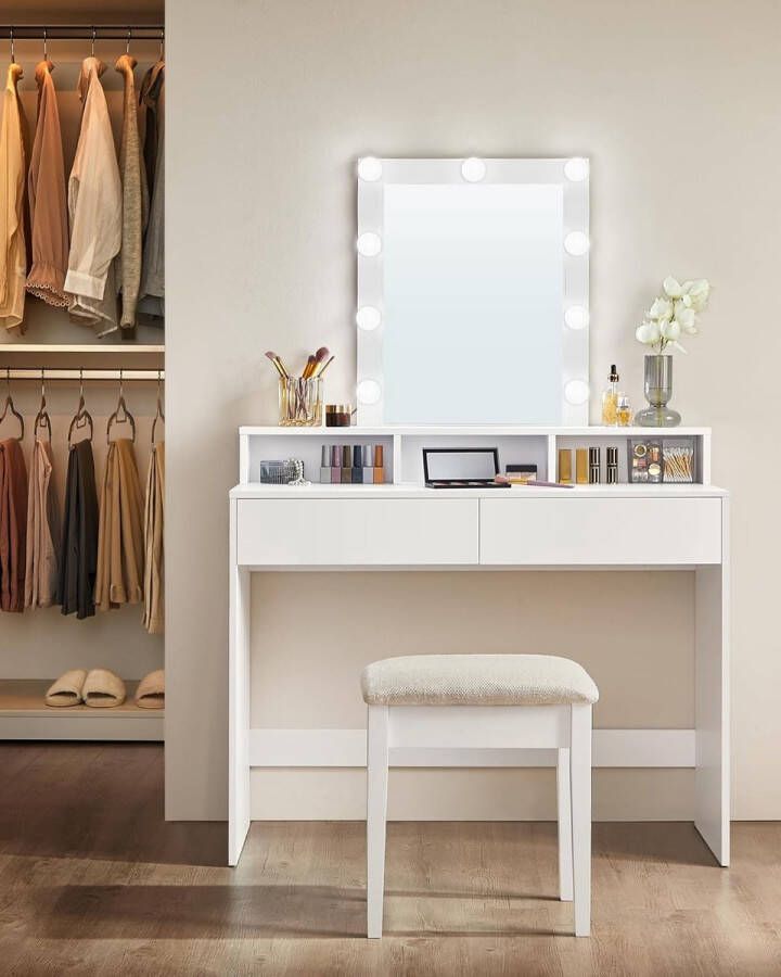 Furnihaus Kaptafel met LED-verlichting verstelbare helderheid Kaptafel met spiegel Cosmetische tafel met 2 laden en 3 open vakken Kaptafel Modern Wit