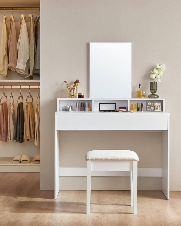 Furnihaus Kaptafel met rechthoekige spiegel en 2 lades cosmetische tafel met 3 open vakken kaptafel voor make-up modern wit