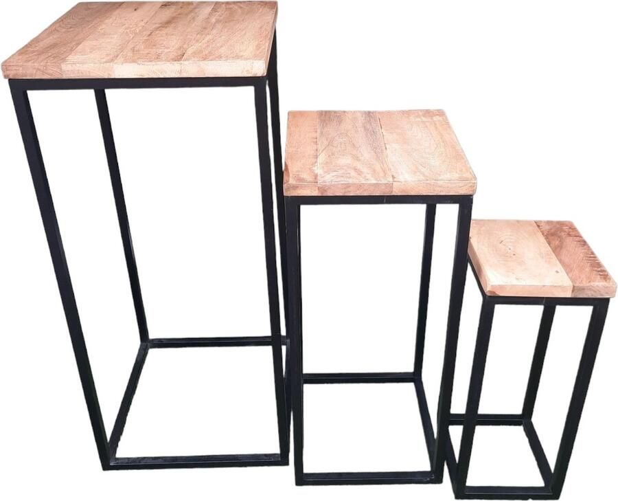 Furnilux Bijzettafels Plantentafels Industriële Mangohouten set van 3
