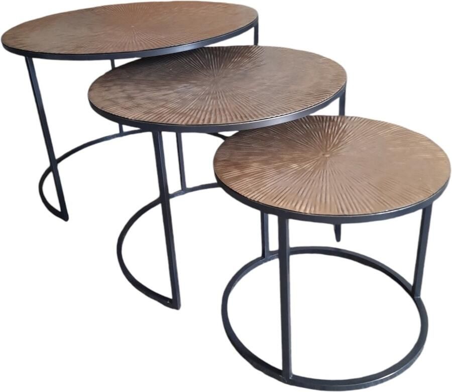 Furnilux Bijzettafels set van 3 rond gouden Blad met zwart frame