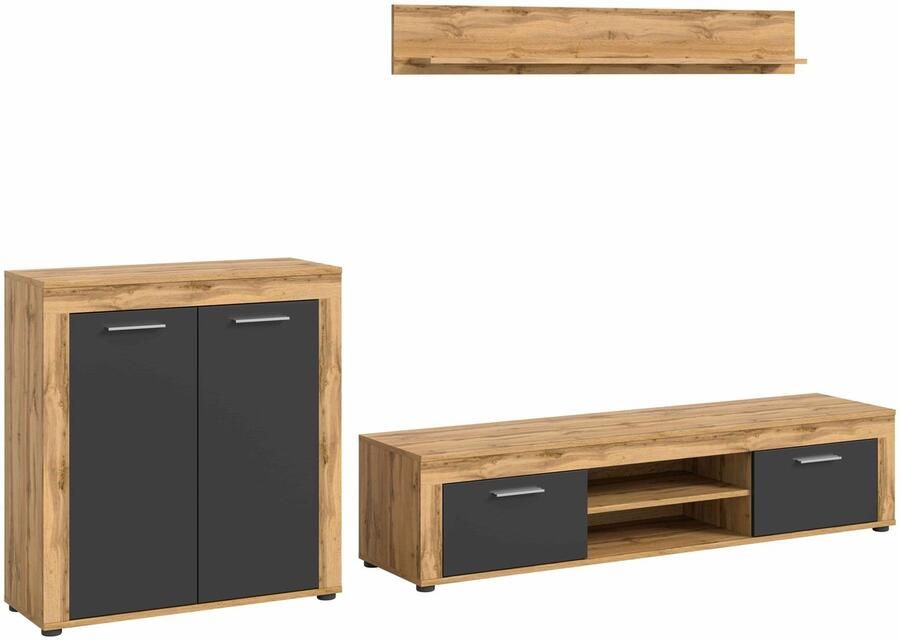 Furnilux Jam woonkamercombinatie grijs melamine Wotan eiken NB 35x255x159cm