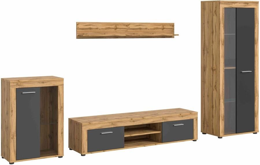 Furnilux Jam woonkamercombinatie grijs melamine Wotan eiken NB 35x310x169cm