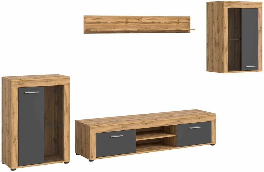 Furnilux Jam woonkamercombinatie grijs melamine Wotan eiken NB 35x310x169cm