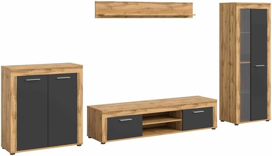 Furnilux Jam woonkamercombinatie grijs melamine Wotan eiken NB 35x330x159cm
