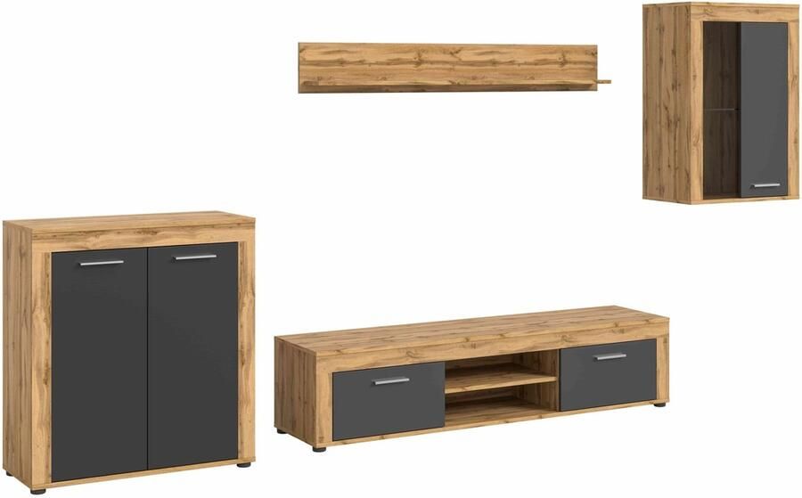Furnilux Jam woonkamercombinatie grijs melamine Wotan eiken NB 35x330x169cm