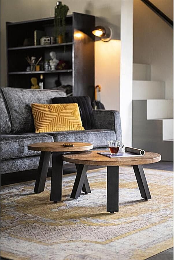 Furnilux Mangohout Salontafel Ronde Bijzettafel met Stoere Metalen Poten 50 x 50 x 40 cm - Foto 2
