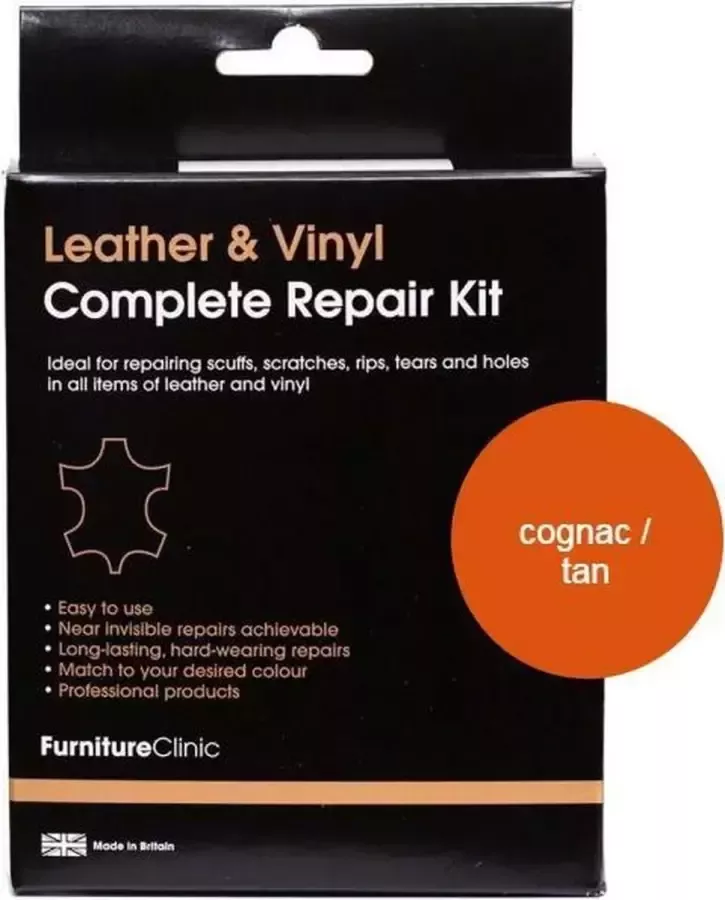 Furniture Clinic Complete Lederen Reparatie Set Cognac Tan Voor banken autostoelen meubels stoelen van leer Plak vul en herstel krassen scheuren gaten en andere beschadingen Complete Leather Repair Kit Tan