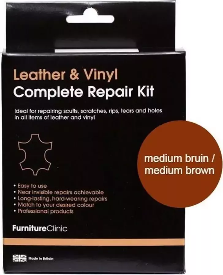 Furniture Clinic Complete Lederen Reparatie Set Midden Bruin Med Brown Voor banken autostoelen meubels stoelen van leer Plak vul en herstel krassen scheuren gaten en andere beschadingen Complete Leather Repair Kit Med Brown