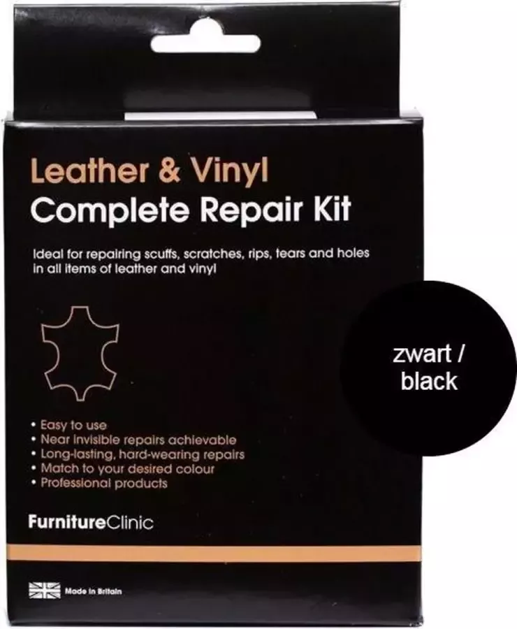 Furniture Clinic Complete Leder Reparatie Set – Zwart Black Voor banken autostoelen meubels stoelen van leer Plak vul en herstel krassen scheuren gaten en andere beschadingen Complete Leather Repair Kit Black