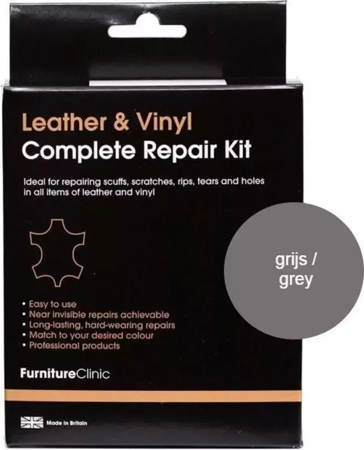 Furniture Clinic Complete Lederen Reparatie Set Grijs Grey Voor banken autostoelen meubels stoelen van leer Plak vul en herstel krassen scheuren gaten en andere beschadingen Complete Leather Repair Kit Grey