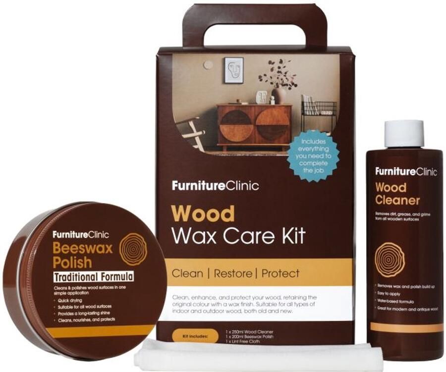 Furniture Clinic Bijenwas hout verzorgingset Alles-in-één set voor het reinigen herstellen polijsten en beschermen van houten meubels en werkbladen Wood Wax Care Kit