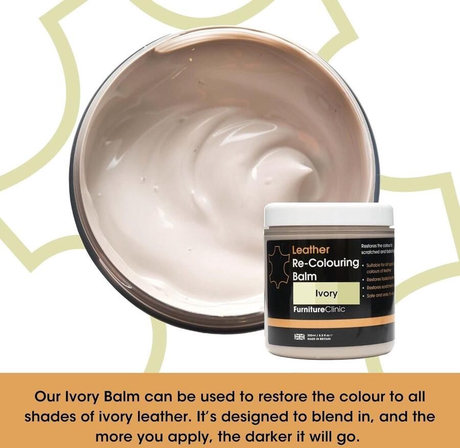 Furniture Clinic Leer Balsem -Kleur : Ivoor Ivory Kleur Herstel en Beschermen van Versleten Leer en Lederwaar – Leather Re-Colouring Balm Colour Restorer for Sofas Leather Colour Repair for Faded & Scratched Leather Upholstery Car Seats Shoes and Clothing