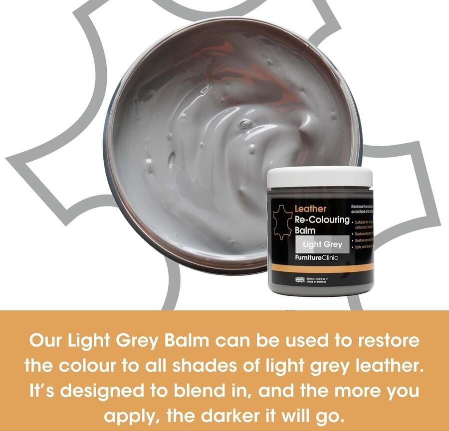 Furniture Clinic Leer Balsem -Kleur : Licht Grijs Light Grey Kleur Herstel en Beschermen van Versleten Leer en Lederwaar – Leather Re-Colouring Balm Colour Restorer for Sofas Leather Colour Repair for Faded & Scratched Leather Upholstery Car Seats Shoes