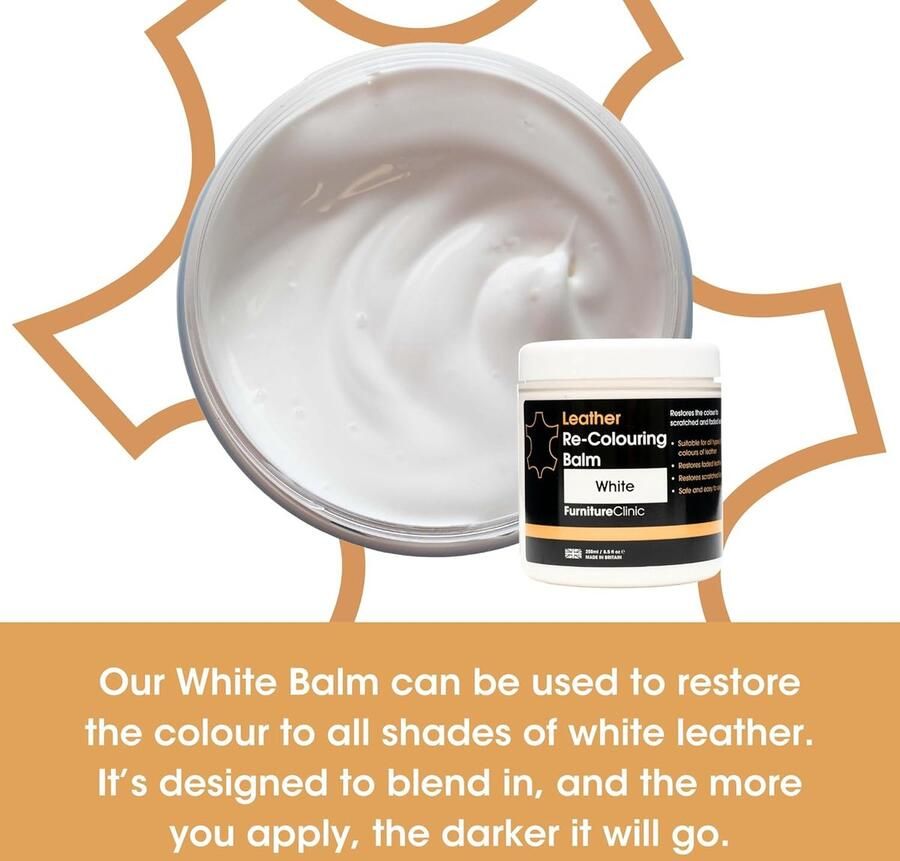 Furniture Clinic Leer Balsem -Kleur : Wit White Kleur Herstel en Beschermen van Versleten Leer en Lederwaar – Leather Re-Colouring Balm Colour Restorer for Sofas Leather Colour Repair for Faded & Scratched Leather Upholstery Car Seats Shoes and Clothing