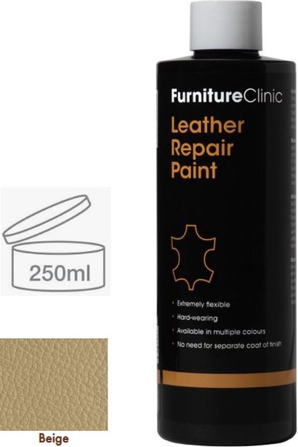 Furniture Clinic Leer reparatie Verf 2 in 1 Beige 250ml Leather Repair Paint 2 in 1 Beige 250ml Verf en Top Coat in 1 Geschikt voor leren banken leren autostoelen schoenen handtassen en meer Paint and Top Coat in 1 Leder Verf