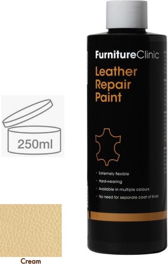 Furniture Clinic Leer reparatie Verf 2 in 1 Creme 250ml Leather Repair Paint 2 in 1 Cream 250ml Verf en Top Coat in 1 Geschikt voor leren banken leren autostoelen schoenen handtassen en meer Paint and Top Coat in 1 Leder Verf
