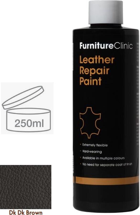 Furniture Clinic Leer reparatie Verf 2 in 1 Donker Bruin 250ml Leather Repair Paint 2 in 1 Dark Brown 250ml Verf en Top Coat in 1 Geschikt voor leren banken leren autostoelen schoenen handtassen en meer Paint and Top Coat in 1