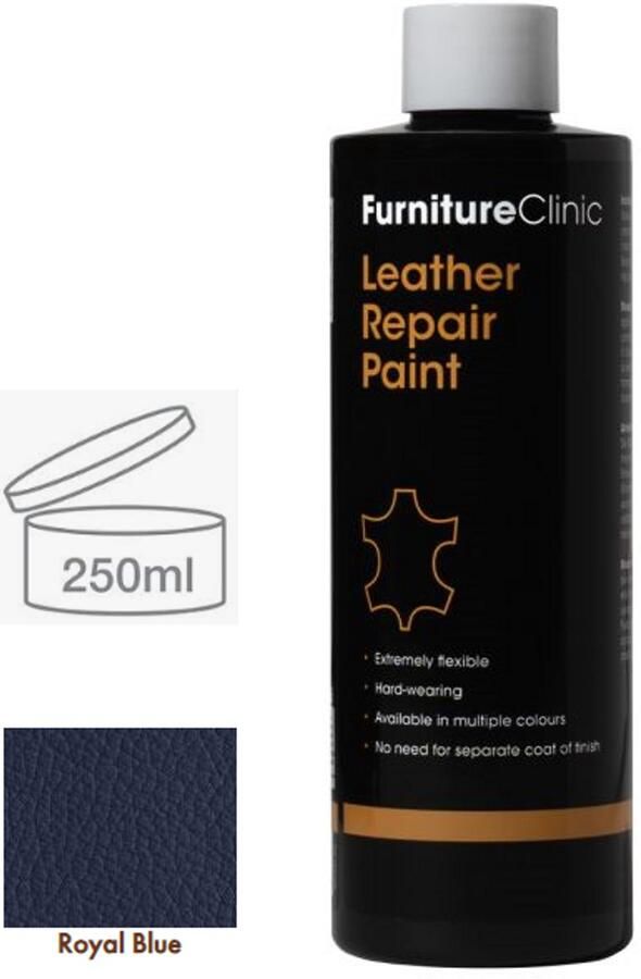 Furniture Clinic Leer reparatie Verf 2 in 1 Konings Blauw 250ml Leather Repair Paint 2 in 1 Royal Blue 250ml Verf en Top Coat in 1 Geschikt voor leren banken leren autostoelen schoenen handtassen Paint and Top Coat in 1 Leder Verf