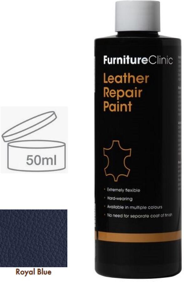 Furniture Clinic Leer reparatie Verf 2 in 1 Konings Blauw 50ml Leather Repair Paint 2 in 1 Royal Blue 50ml Verf en Top Coat in 1 Geschikt voor leren banken leren autostoelen schoenen handtassen Paint and Top Coat in 1 Leder Verf