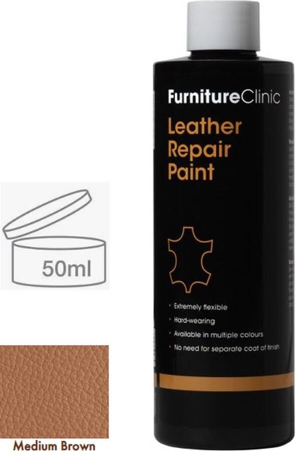 Furniture Clinic Leer reparatie Verf 2 in 1 Midden Bruin 50ml Leather Repair Paint 2 in 1 Medium Brown 50ml Verf en Top Coat in 1 Geschikt voor leren banken leren autostoelen schoenen handtassen en meer Paint and Top Coat in 1