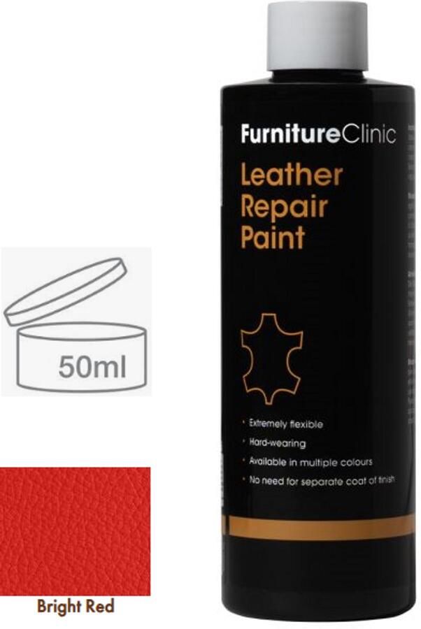 Furniture Clinic Leer reparatie Verf 2 in 1 Rood 50ml Leather Repair Paint 2 in 1 Red 50ml Verf en Top Coat in 1 Geschikt voor leren banken leren autostoelen schoenen handtassen Paint and Top Coat in 1 Leder Verf