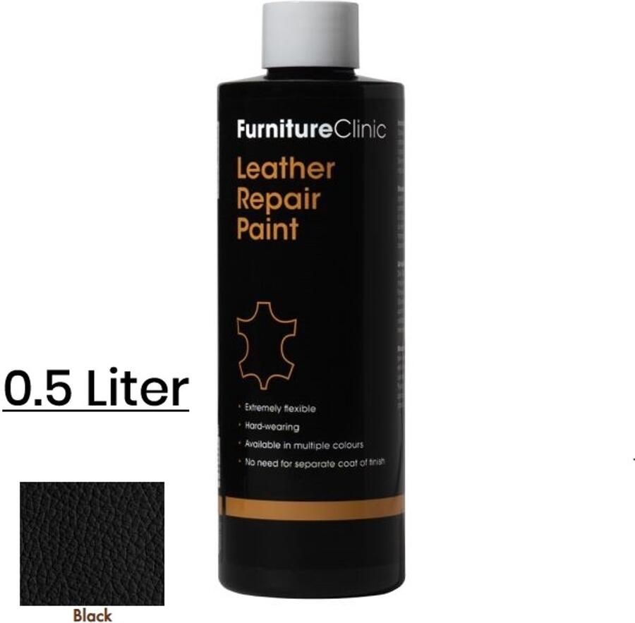 Furniture Clinic Leer reparatie Verf 2 in 1 Zwart 500ml Leather Repair Paint 2 in 1 Black 500ml Verf en Top Coat in 1 Geschikt voor leren banken leren autostoelen schoenen handtassen en meer Paint and Top Coat in 1 Leder Verf
