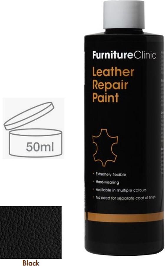 Furniture Clinic Leer reparatie Verf 2 in 1 Zwart 50ml Leather Repair Paint 2 in 1 Black 50ml Verf en Top Coat in 1 Geschikt voor leren banken leren autostoelen schoenen handtassen en meer Paint and Top Coat in 1 Leder Verf