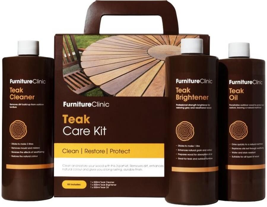 Furniture Clinic Teak Hout Onderhoudsset Reinigen opfrissen voeden en beschermen van behandeld en onbehandeld hout Voor teakhouten (tuin) meubelen Bevat reiniger witmaker en olie Teak Care Kit Clean Restore Protect