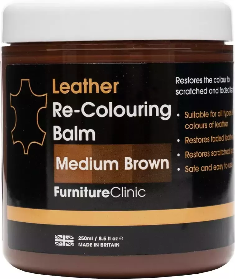 Furniture Clinic Leer Balsem -Kleur : Midden Bruin Medium Brown Kleur Herstel en Beschermen van Versleten Leer en Lederwaar – Leather Re-Colouring Balm for Sofas Leather Colour Repair for Faded & Scratched Leather Upholstery Car Seats Shoes and Clothing