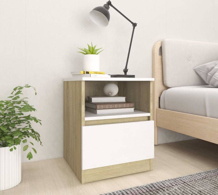Furniture Limited Nachtkastje 40x40x50 cm spaanplaat wit en sonoma eikenkleurig
