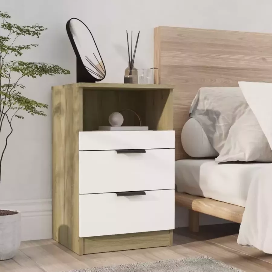 Furniture Limited Nachtkastje bewerkt hout wit en sonoma eikenkleurig