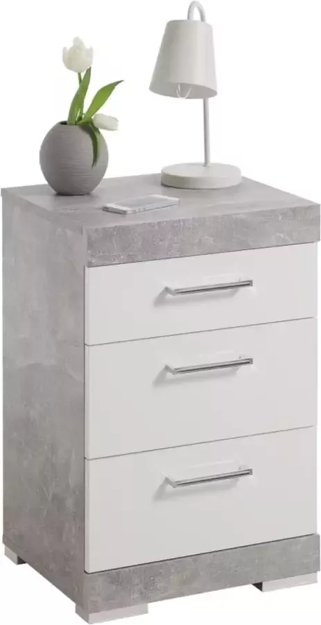 Furniture Limited Nachtkastje met 3 lades betongrijs en glanzend wit