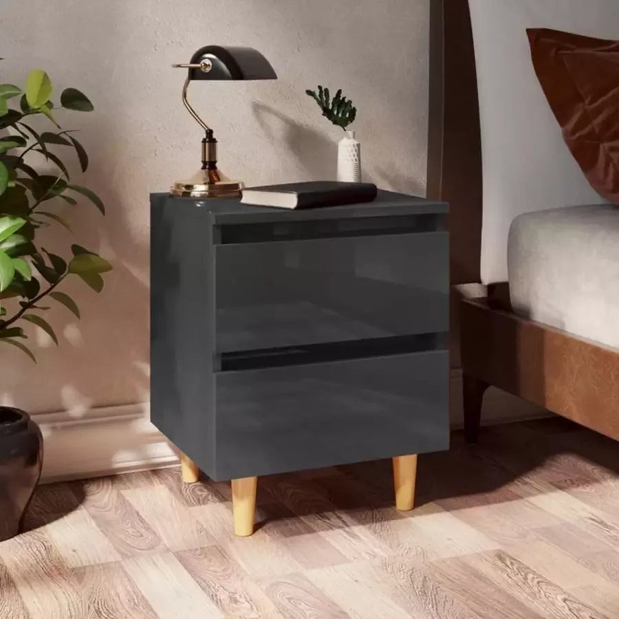 Furniture Limited Nachtkastje met grenenhouten poten 40x35x50 cm hoogglans grijs