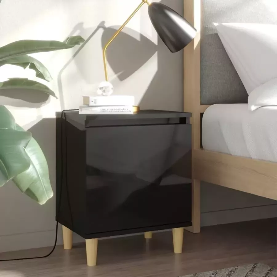 Furniture Limited Nachtkastje met houten poten 40x30x50 cm hoogglans zwart