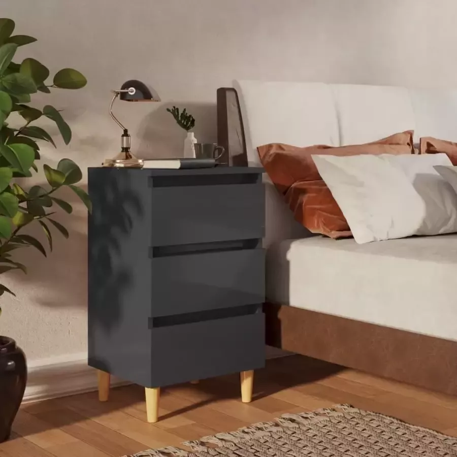Furniture Limited Nachtkastje met houten poten 40x35x69 cm hoogglans grijs