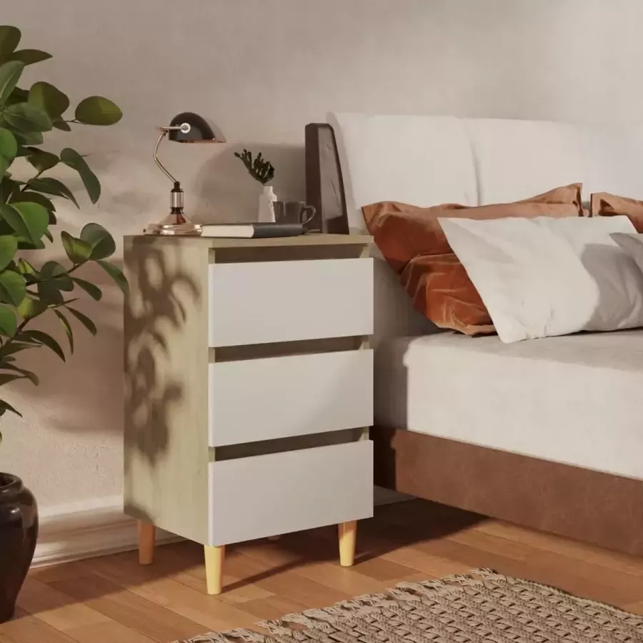 Furniture Limited Nachtkastje met houten poten 40x35x69 cm wit sonoma eikenkleur